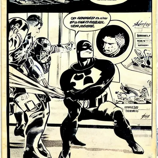 Prompt: comic book pane of Captain America arresting Batman, silver age of comics, Jack kirby illustration