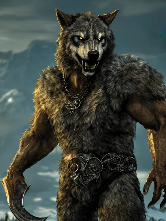 Image similar to cute handsome cuddly burly surly relaxed calm timid werewolf from van helsing unreal engine hyperreallistic render 8k character concept art masterpiece screenshot from the video game the Elder Scrolls V: Skyrim