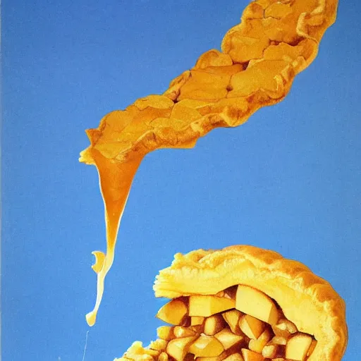 Prompt: 1 thick slice of apple pie floating on a blue background, golden crust, apple filling dripping, chesley bonestell, vincent di fate