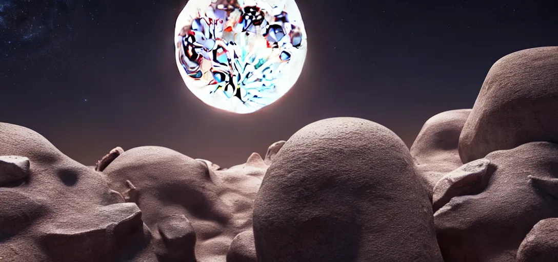 Prompt: octane render uhd, filmic lighting, cinematic art shot, hyperrealistic, hyperdetailed, super detailed, 8 k, high resolution, moon landscape, white rocks made of bone, 8 k uhd matte painting, mega high white mountain, midnight