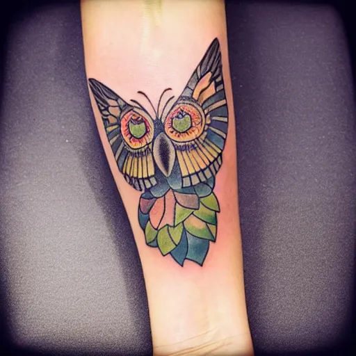 Tattoo uploaded by Tom Rademacher  Little owl in butterfly right back   Tattoodo