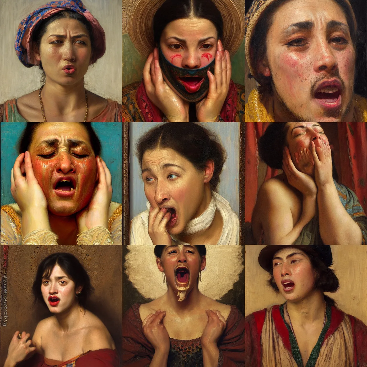 Image similar to orientalism mouth open crying tears face portrait by Edwin Longsden Long and Theodore Ralli and Nasreddine Dinet and Adam Styka, masterful intricate art. Oil on canvas, excellent lighting, high detail 8k