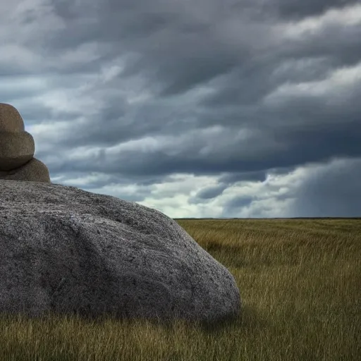 Prompt: the clouds form the face of dwayne the rock johnson's tiny head coming out of a rock, looking out on a field of short grass