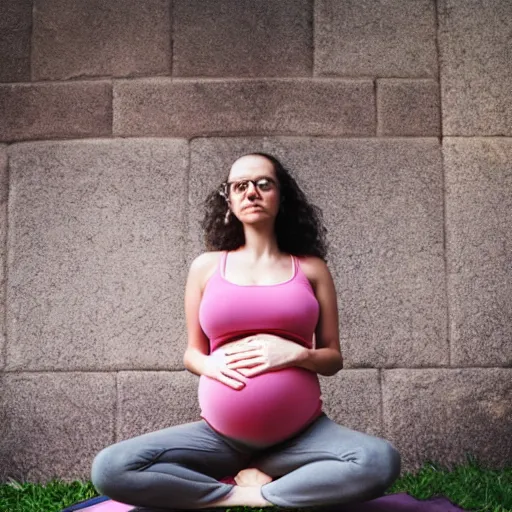 Prompt: pregnant woman, visible belly, glasses, curly blond hairs, yoga pose