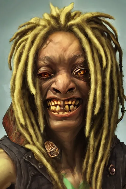 Image similar to goblin with dreadlocks, highly detailed, portrait, character art by Fiona Staples,