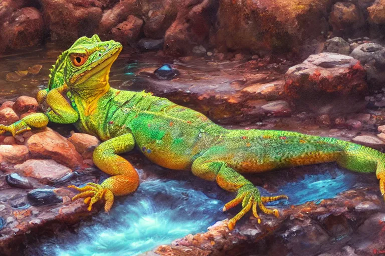 Prompt: highly detailed oil painting of a lizard man sitting in a steaming colorful hotspring stream, featured on artstation