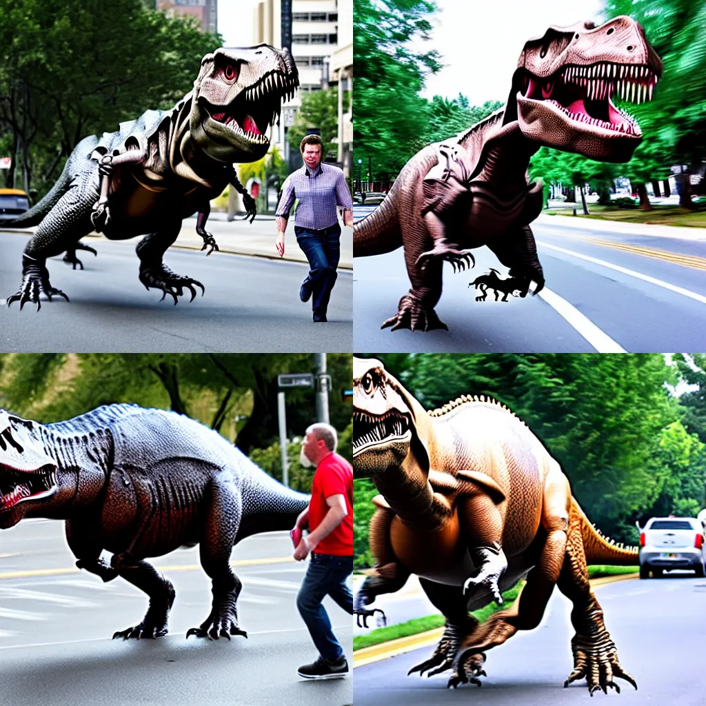 Prompt: a man chasing a t-rex down the street