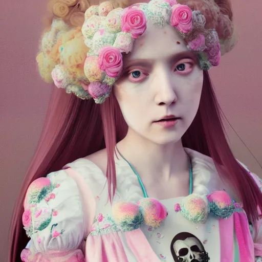 Image similar to 8 k, octane render, realism, tonalism, renaissance, rococo, baroque, cotton candy, portrait of a creepy young lady wearing long - harajuku manga - dress with flowers and skulls