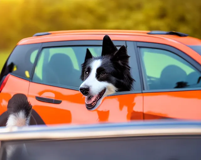 Prompt: border collie dog in the driver's seat of an orange nissan note, paws on wheel, car moving fast, rally driving photo, award winning photo, golden hour, front of car angle, extreme motion blur