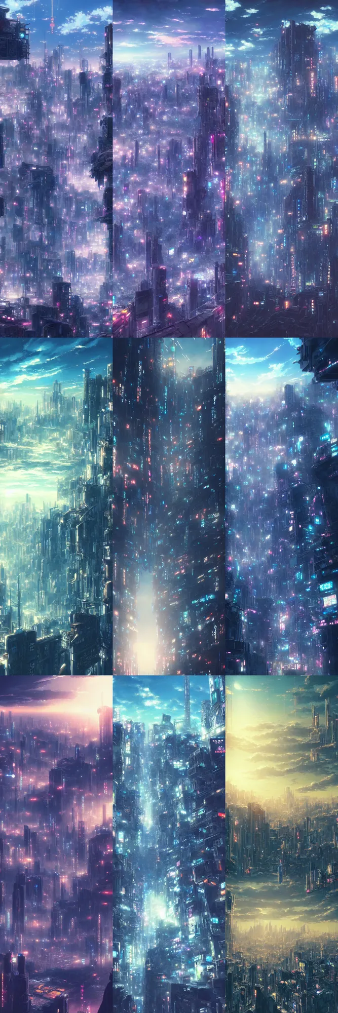 Prompt: a detailed intricate matte painting of the sky above a futuristic cyberpunk Tokyo city in the makoto shinkai anime film kimi no ka wa, a city and highrise buildings, background art, high resolution ultradetailed, HD wallpaper