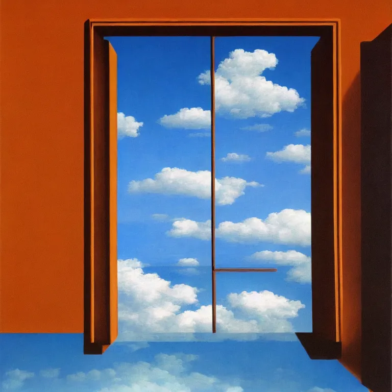 Image similar to window floating in the sky, by rene magritte, centered, detailed painting, hd, hq, high resolution, high detail, 4 k, 8 k