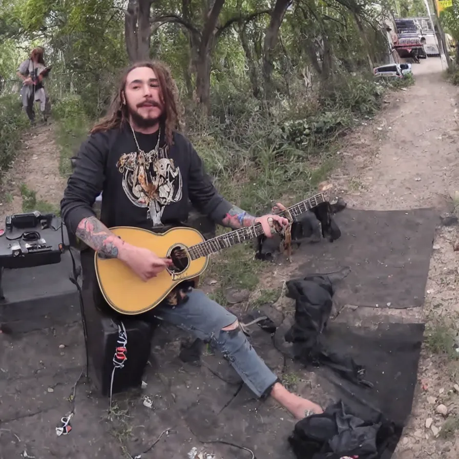 Image similar to trailcam footage of Post Malone playing a guitar on a mexican street