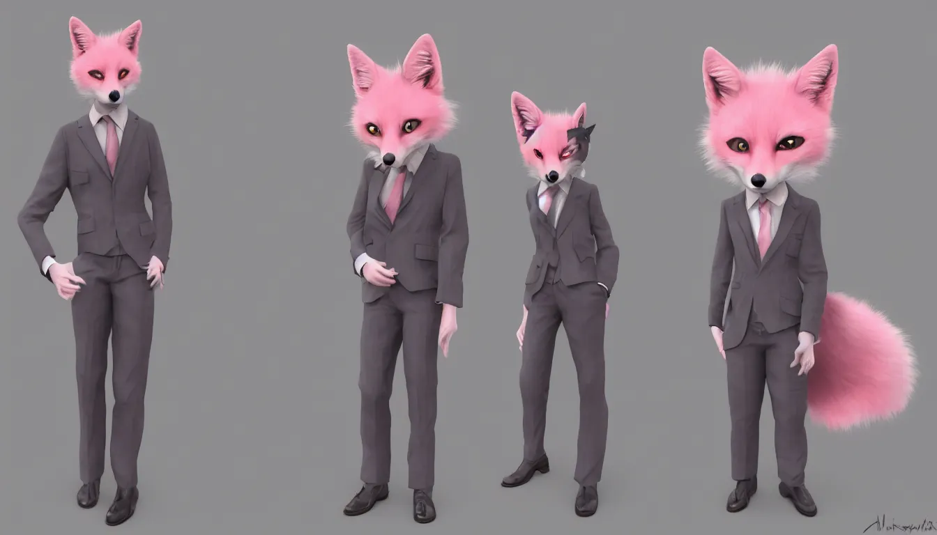 Image similar to pink fox in a suit, artstation