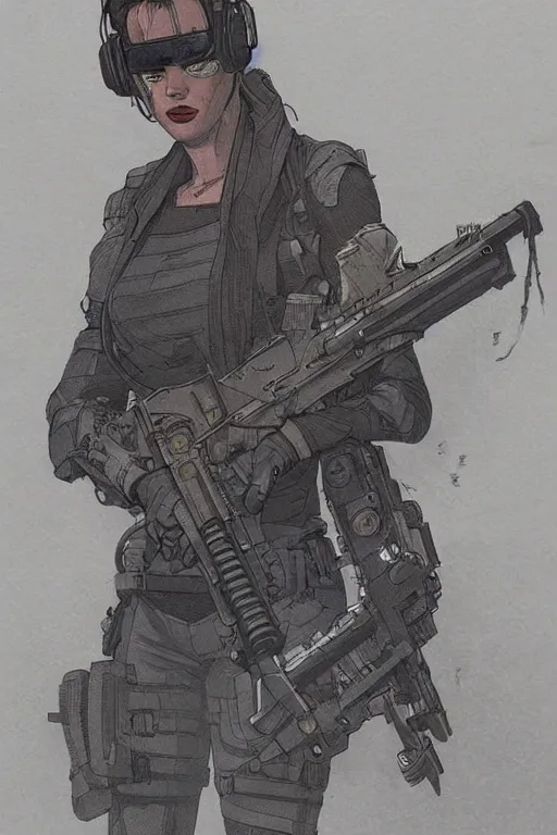 Image similar to zazie the ghost. blackops mercenary in near future tactical gear and cyberpunk headset. Blade Runner 2049. concept art by James Gurney and Mœbius.