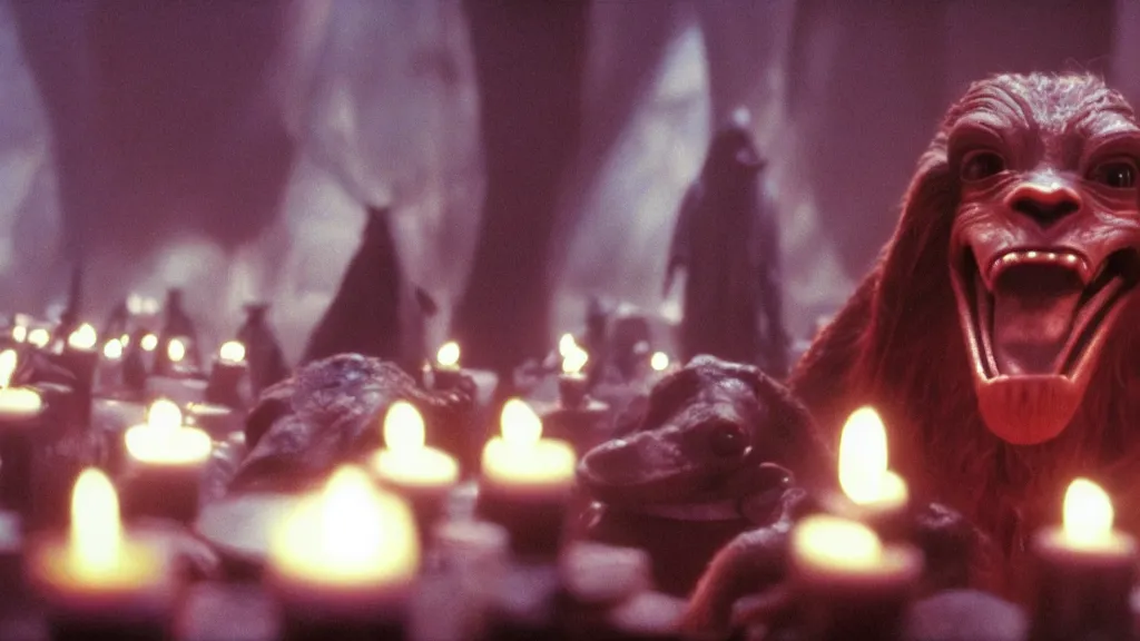 Prompt: Jar Jar Binks grinning maniacally, a satanic ritual with candles and a pentagram, movie screenshot directed by David Fincher, and cinematography by Roger Deakins. Shot from a low angle. Cinematic. 24mm lens, 35mm film, Fujifilm Reala, f8