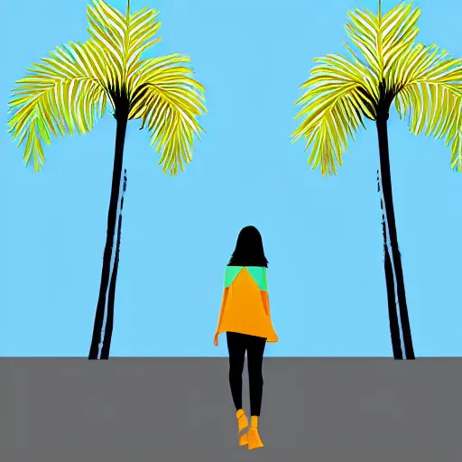 Image similar to woman walking with backdrop showing the sky, palm trees. in minimal colourful geometric illustration style digital painting