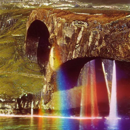 Prompt: rainbow bridge of asgard, film still, highly detailed, shimmering, sparkling, magical