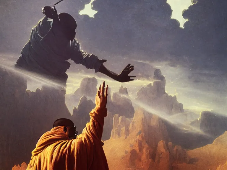 Prompt: a detailed profile illustration of kanye west pointing a gun to pete davidson, bounty hunter portrait symmetrica, aurora lighting clouds and stars by beksinski carl spitzweg and tuomas korpi. intricate artwork by caravaggio. Trending on artstation. 8k