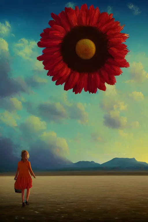 Prompt: giant daisy flower head, girl walking on salt flats mountains, surreal photography, sunrise, dramatic light, impressionist painting, colorful clouds, digital painting, artstation, simon stalenhag