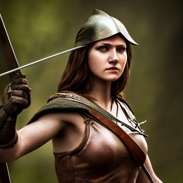 Prompt: beautiful female robin hood warrior, highly detailed, 8 k, hdr, smooth, sharp focus, high resolution, award - winning photo