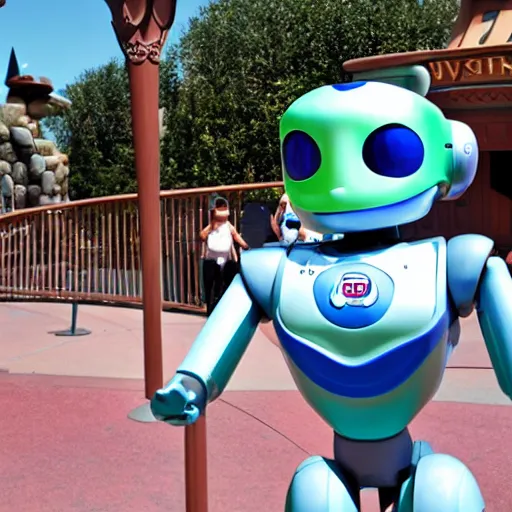 Prompt: DISNEYLAND, JUNE 18 2050: Cute Pixar Helper Robot Greets Visitors at Entrance