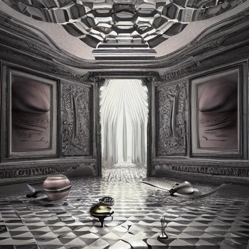 Image similar to hyperrealistic random objects in a surreal dreamscape environment by salvador dali, highly detailed, 3 d render, vray, octane, realistic lighting, photorealistic, colorful, intricate, elegant, wayne barlowe, water, mirrors, doorway, beautiful, masterpiece, trending on artstation, artgerm, black and white checkered floor
