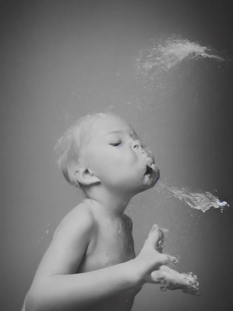 Prompt: analog photographic portrait with 5 0 mm lens and f / 1 2. 0 of a 9 0 years toddler woman with her eyes closed and spurting from her mouth a white viscous fluid floating in the air. with a slight variation of light in the liquid and gesture.