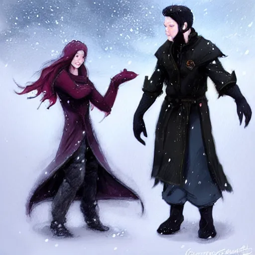 Image similar to a couple of people that are standing in the snow, concept art by Fabien Charuau, trending on pixiv, fantasy art, official art, wiccan, concept art