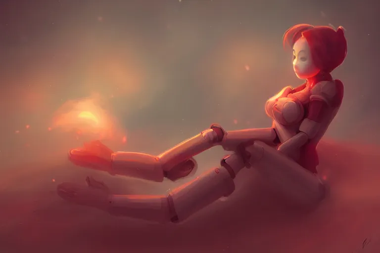 Image similar to a cute robot girl sitting on a cloud relaxing, red lighting, mist, digital art,