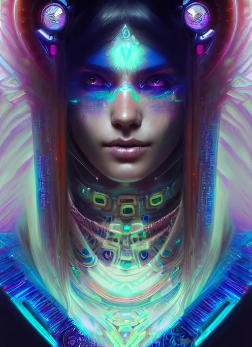 Image similar to hyper detailed ultra sharp of a beautiful shaman trance girl. trending on artstation, cyberpunk aesthetic, psywave, colorful, psychedelic, ornate, intricate, digital painting, concept art, smooth, sharp focus, illustration, art by artgerm and greg rutkowski and alphonse mucha, 8 k