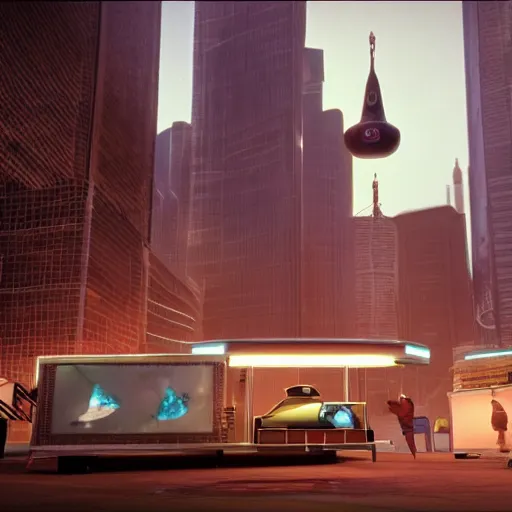 Image similar to a promotional movie still of a futuristic flying food truck is hovering high next to a tall building. candy is displayed with dramatic product lighting, the candy is pearlescent. a scene from fifth element ( 1 9 9 7 ), unreal engine 5, octane 3 d, render, imax 7 0 mm