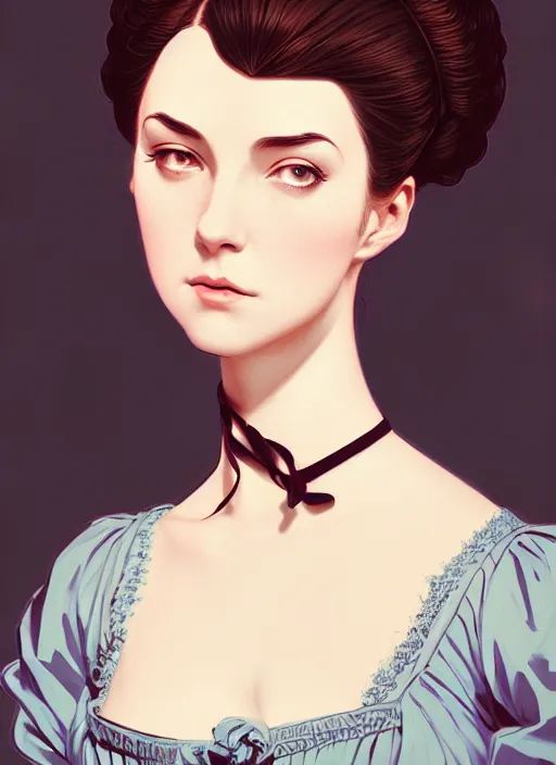 Image similar to 3 / 4 view of a portrait of woman in victorian clothing, confident pose, intricate, elegant, sharp focus, illustration, highly detailed, concept art, matte, trending on artstation, anime, art by james jean and artgerm and brian despain, ilya kuvshinov, strong strokes,