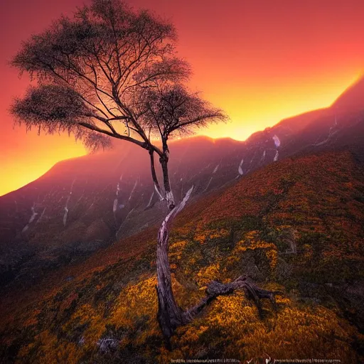 Prompt: a beautiful landscape photography of ciucas mountains mountains a dead intricate tree in the foreground sunset dramatic lighting by marc adamus