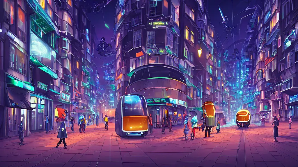 Image similar to street view of futuristic robot london city at night by cyril rolando and naomi okubo and dan mumford and zaha hadid. robots. robots walking the streets. advertisements for robots. robotic elegant lamps. robotic double decker bus.