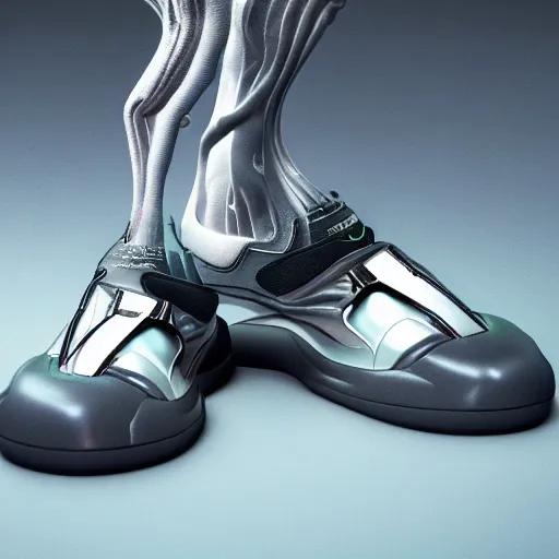Prompt: subject photo photo of cyber balenciaga sneakers by and giger and cronenberg, ultra rendered extreme realism and detail, 8 k, pbr, surreal, colorful, direct lighting,
