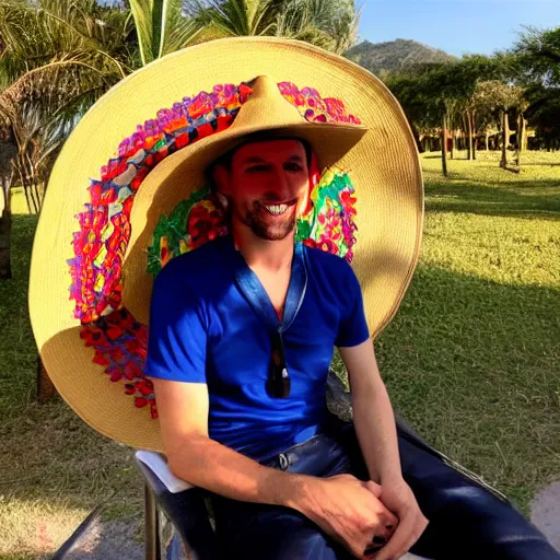 Image similar to gabriel matzneff in mexico wearing mexican hat