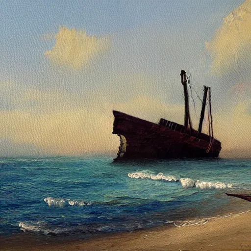 Prompt: an oil painting of a shipwreck on a clam ocean and peaceful beach on a summer morning by tuomas korpi.