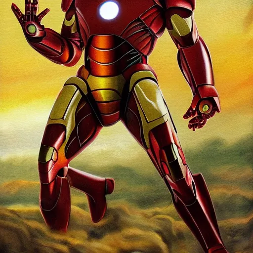 Prompt: iron man in a prehistoric painting