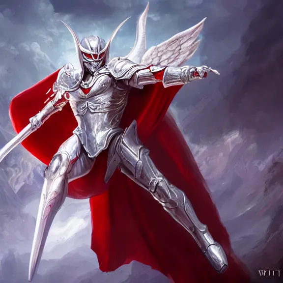 Image similar to male angel flying over hell, white metallic armor, red cape, detailed arms, intricate white armor, two arms, two legs, detailed fanart, rpg art, d&d art, macro art, digital art, DeviantArt, artstation, 8k HD