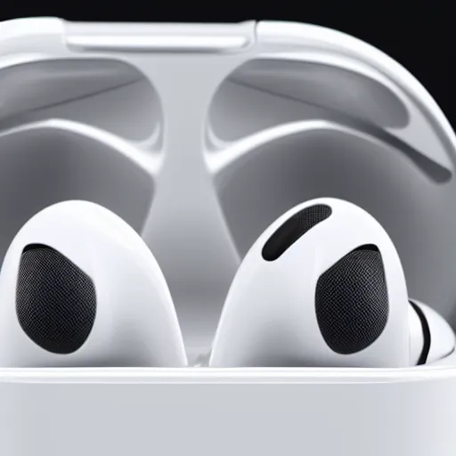 Image similar to futuristic airpods closeup, 8k, realistic, sharp, high details, photo studio quality, ray traced