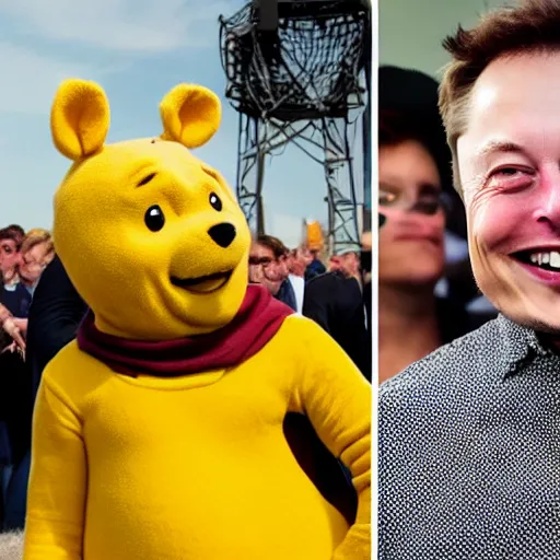 Prompt: elon musk cosplaying as winnie the pooh, elon musk wearing winnie the pooh costume