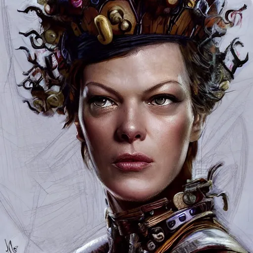 Image similar to doctor octavius as an attractive young smiling woman played by milla jovovich wearing a mushroom crown and heavy armoured wedding dress, face portrait, hd shot, digital portrait, elegant, beautiful, fantasy art, artstation, comic style, by artgerm, guy denning, jakub rozalski, magali villeneuve and charlie bowater