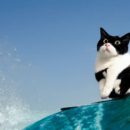 Prompt: a cat surfing a wave wearing a blue hat.