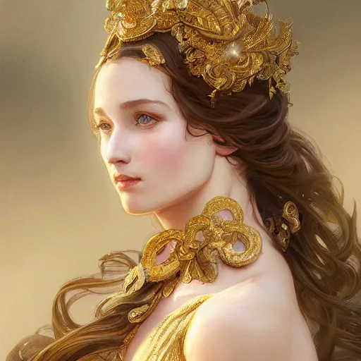 Image similar to a photograpic portrait of a pretty woman, rococo, gold, fantasy, intricate, elegant, highly detailed, digital painting, artstation, concept art, smooth, sharp focus, illustration, art by artgerm and greg rutkowski and alphonse mucha