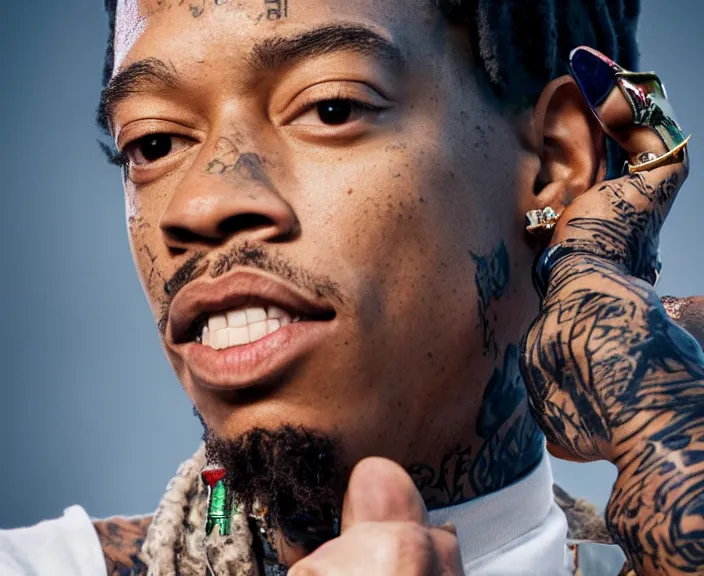 Image similar to 4 k hd, high detail photograph of wiz khalifa, shot with sigma f / 4. 2, 2 5 0 mm sharp lens, wide shot, consistent, isometric view, volumetric lighting, high level texture render