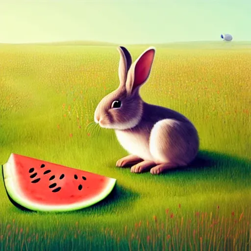 Image similar to a cute rabbit eating watermelon on the green meadow, a storybook illustration by goro fujita