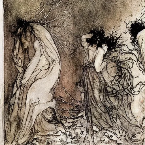 Prompt: The blood-dimmed tide is loosed and everywhere the ceremony of innocence is drowned, painted by Arthur Rackham