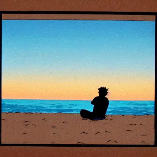 Image similar to a man sitting by the beach watching the sunset, by Studio Ghibli