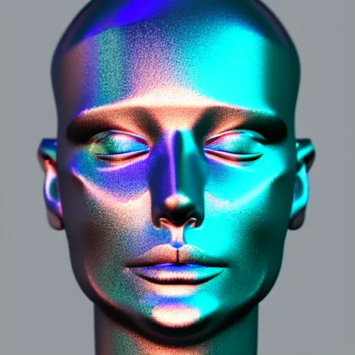 Image similar to 3d render of holographic human robotic head made of glossy iridescent, surrealistic 3d illustration of a human face non-binary, non binary model, 3d model human, cryengine, made of holographic texture, holographic material, holographic rainbow, concept of cyborg and artificial intelligence