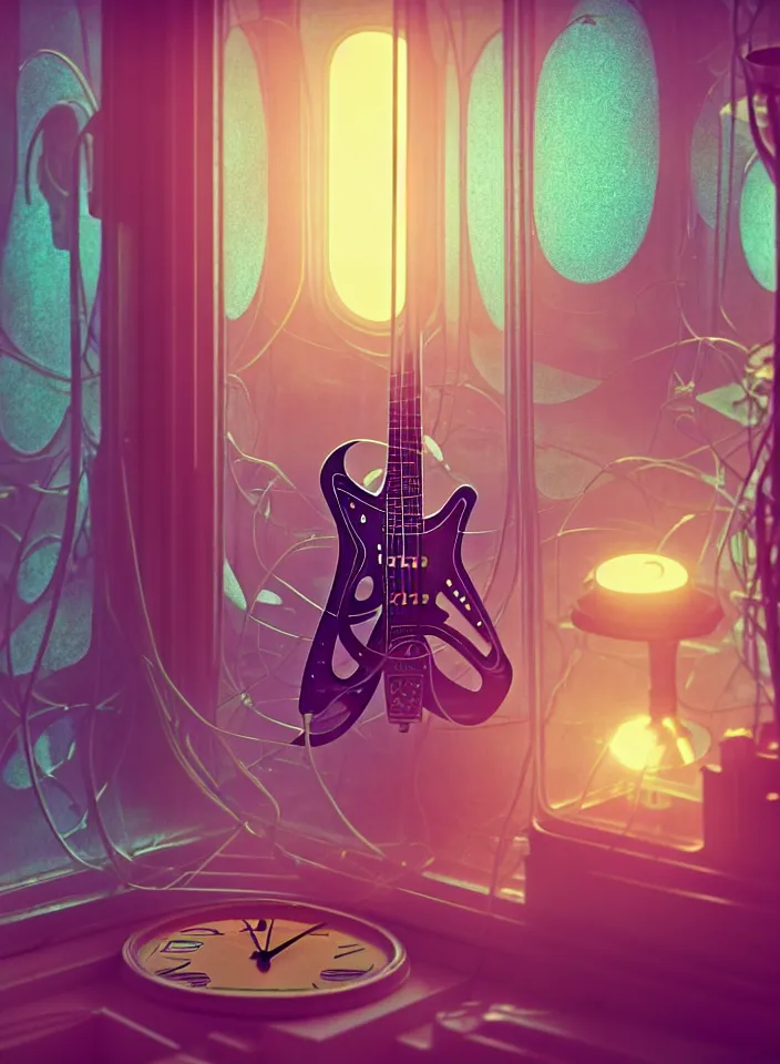 Prompt: telephoto 7 0 mm f / 2. 8 iso 2 0 0 photograph depicting the feeling of chrysalism in a cosy safe cluttered french sci - fi art nouveau cyberpunk apartment in a pastel dreamstate art cinema style. ( electric guitar ) ( ( fish tank ) ) ( ( ( clock ) ) ), ambient light.